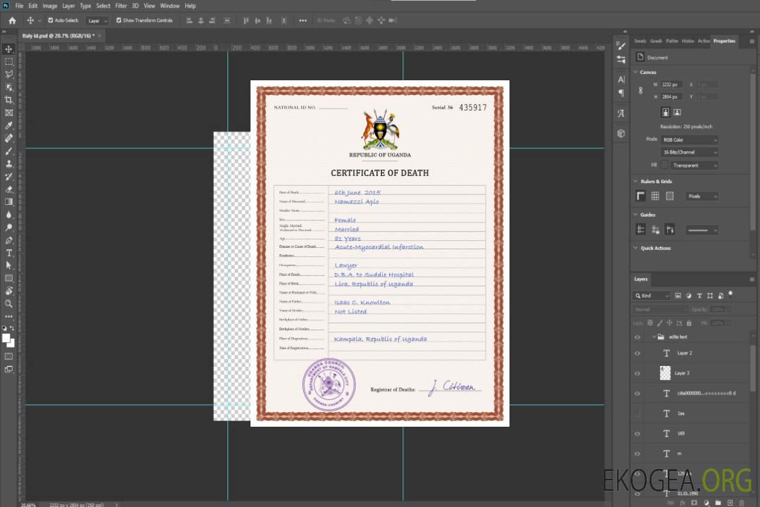Modèle PSD de certificat de décès de l'état civil de l'Ouganda template